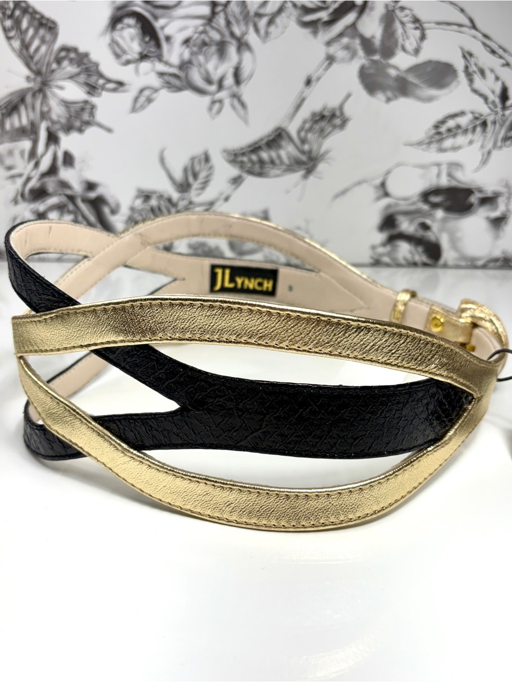 JLynch “Victoria” Black Snakeskin & Gold Leather Cinch Belt, Szs XS-M